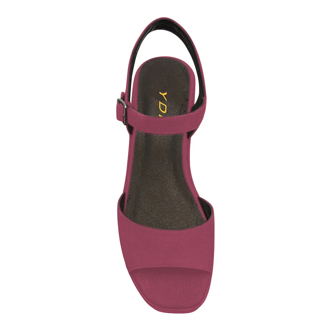 Dark Fuchsia Open-Toe Wedge Heel Platform Sandals with Ankle Strap