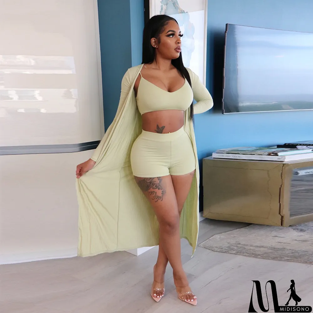 MidiSono - Solid Cami Top+Shorts+Long Cloak 3 Piece Sets