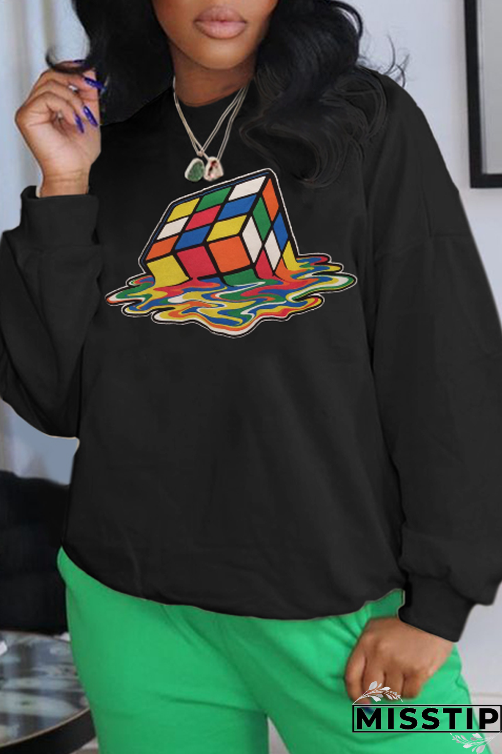 Black Street Daily Print Patchwork O Neck Tops