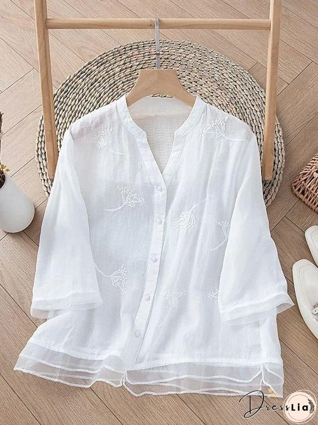 Shirt Blouse White Pink Purple Floral Mesh Patchwork Long Sleeve Casual Basic V Neck Regular Linen Floral M for Women