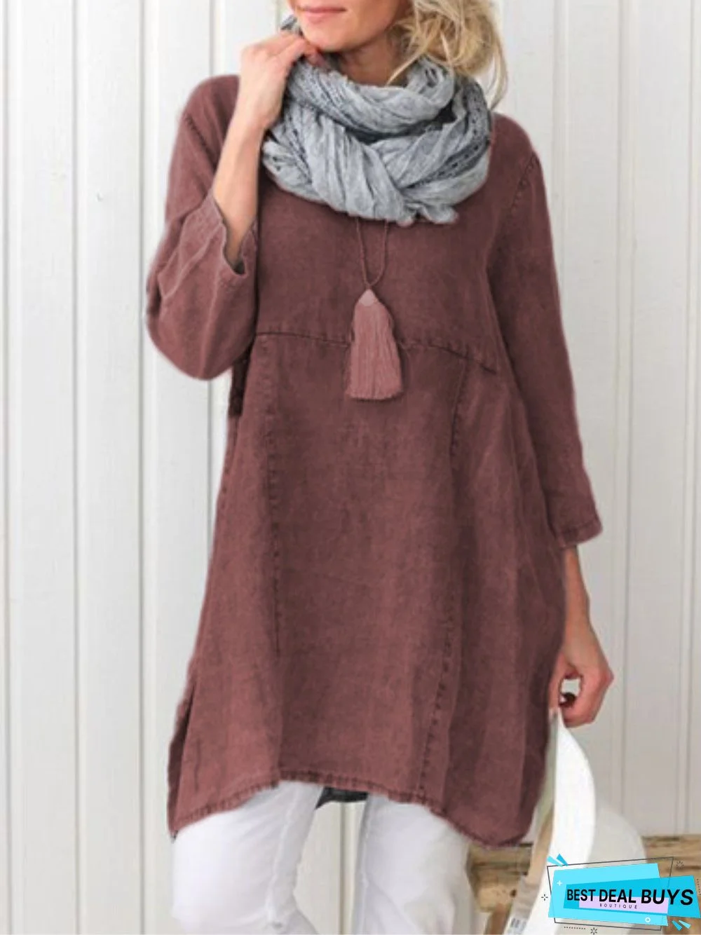 zolucky Plus Size Casual Plain Long Sleeve Linen Dress