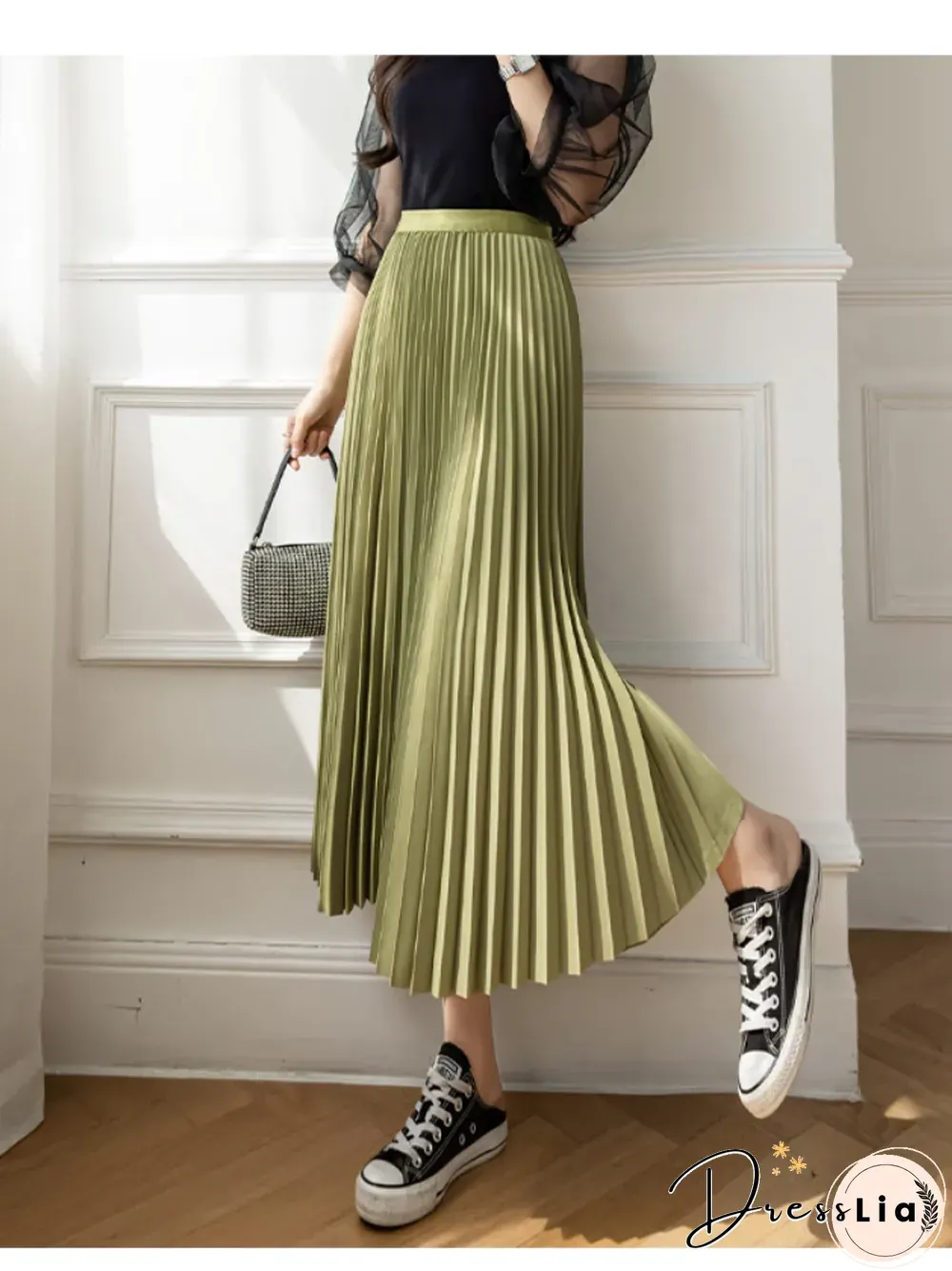 New Summer Womens Pleated Skirt High Waist Drape Umbrella Mid-_length Slim A-line Female