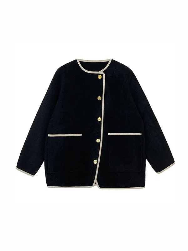 Asymmetric Buttoned Pockets Split-Joint Long Sleeves Loose Round-Neck Woolen Coat