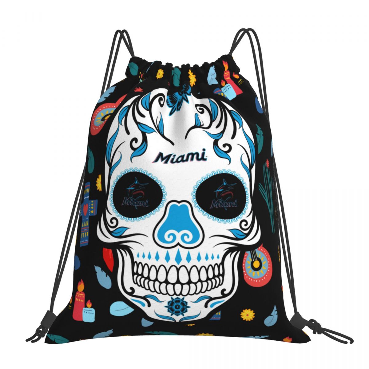 Miami Marlins Skull Unisex Drawstring Backpack Bag Travel Sackpack