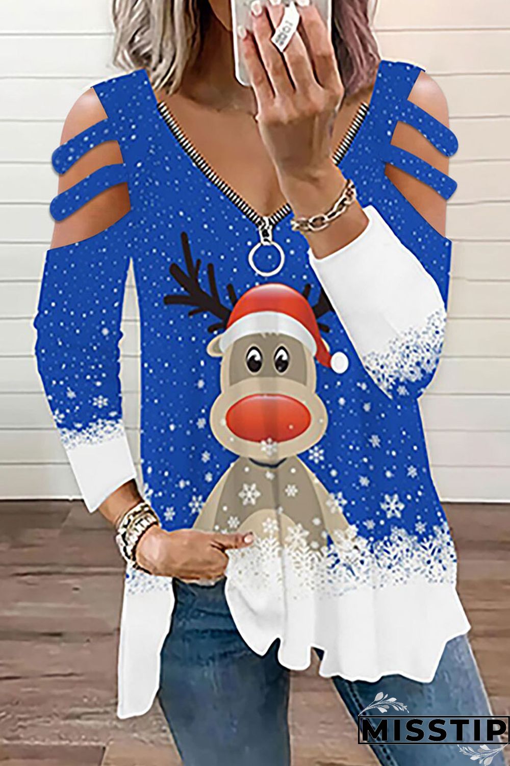 Blue Casual Print Hollowed Out Patchwork V Neck Tops