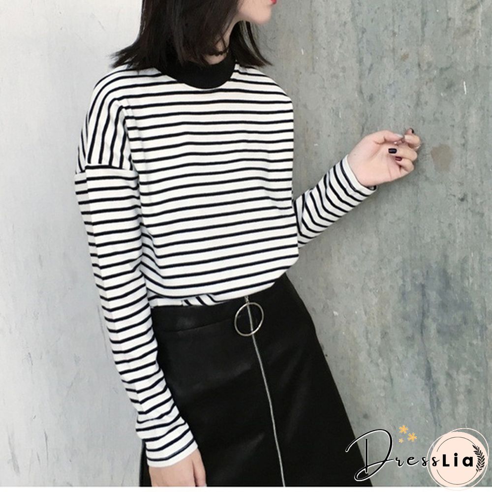 Women Turtleneck Korean Style Crop Top Long Sleeve Striped Tops Female Shirt Casual Harajuku Tops