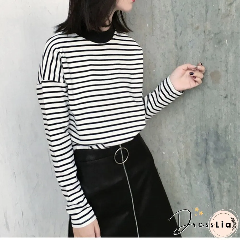 Women Turtleneck Korean Style Crop Top Long Sleeve Striped Tops Female Shirt Casual Harajuku Tops