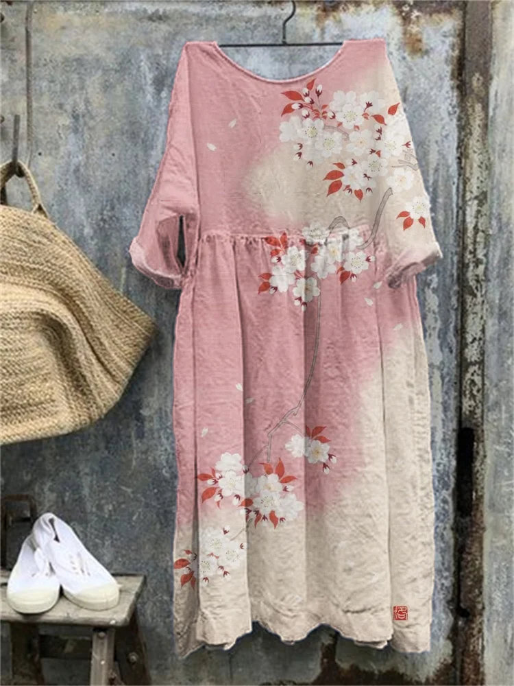 Comstylish Cherry Blossom Japanese Art Pleated Maxi Dress