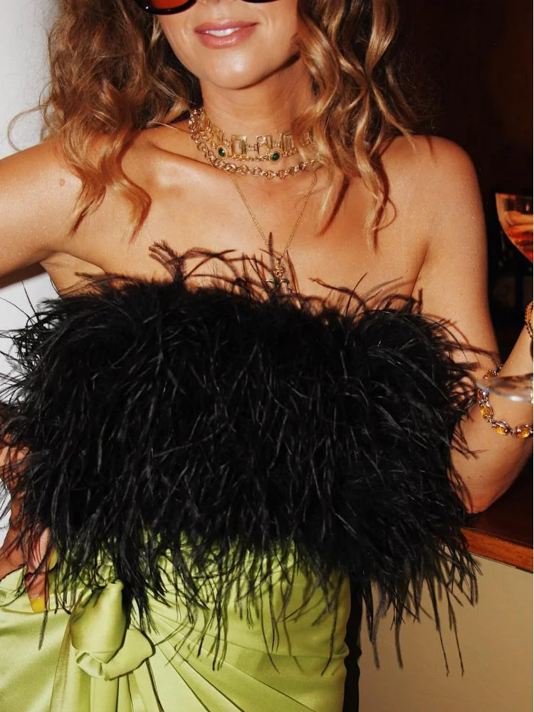 Black Fluffy Feather Back Zip Strapless Crap Tube Top For Women
