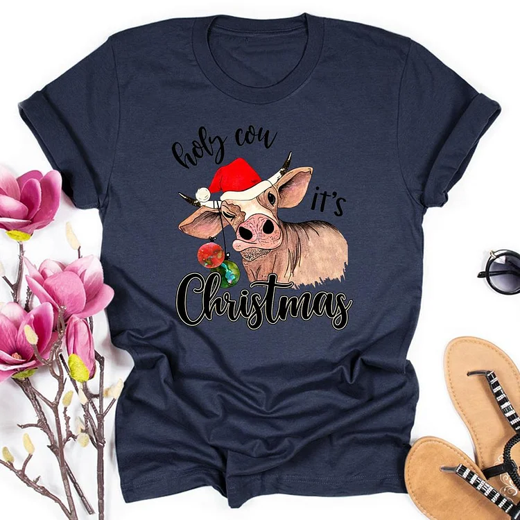 Holy Cow It's Christmas Round Neck T-shirt