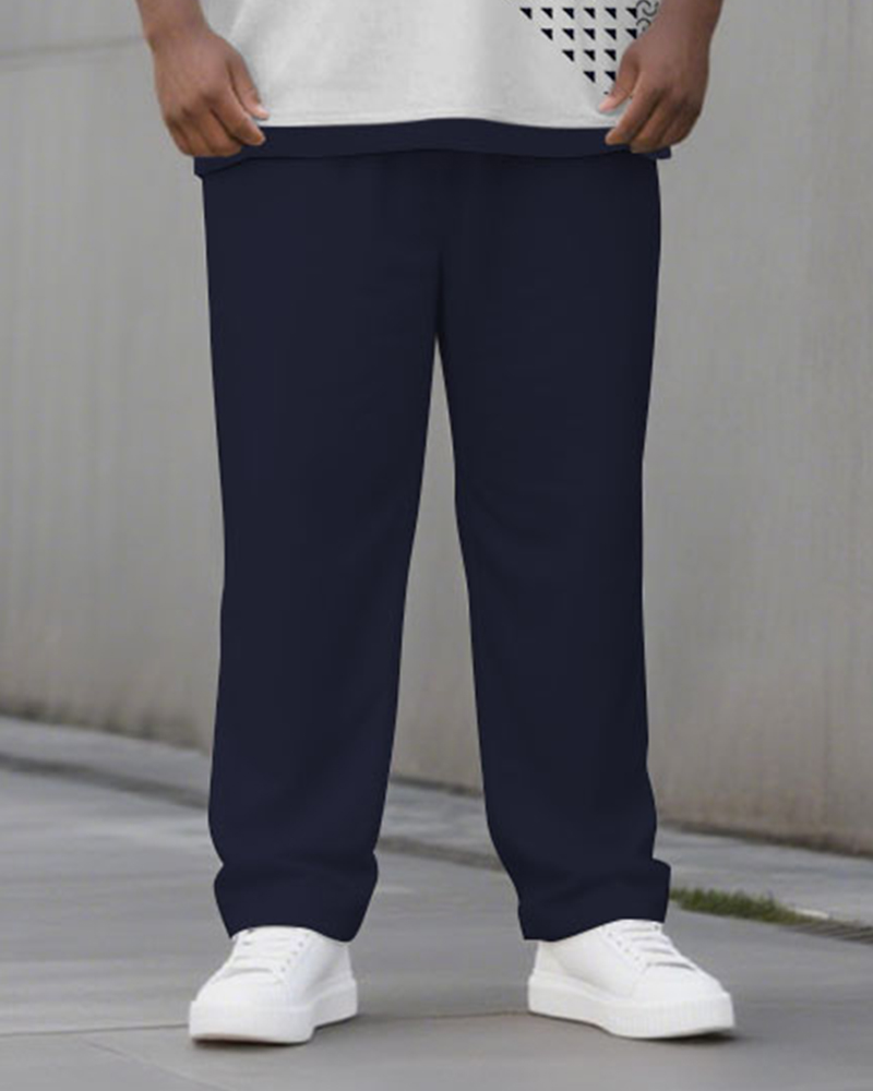 Big & Tall Men's Black And White Geometric Print POLO V-Neck Long Sleeve Pants Two-Piece Set