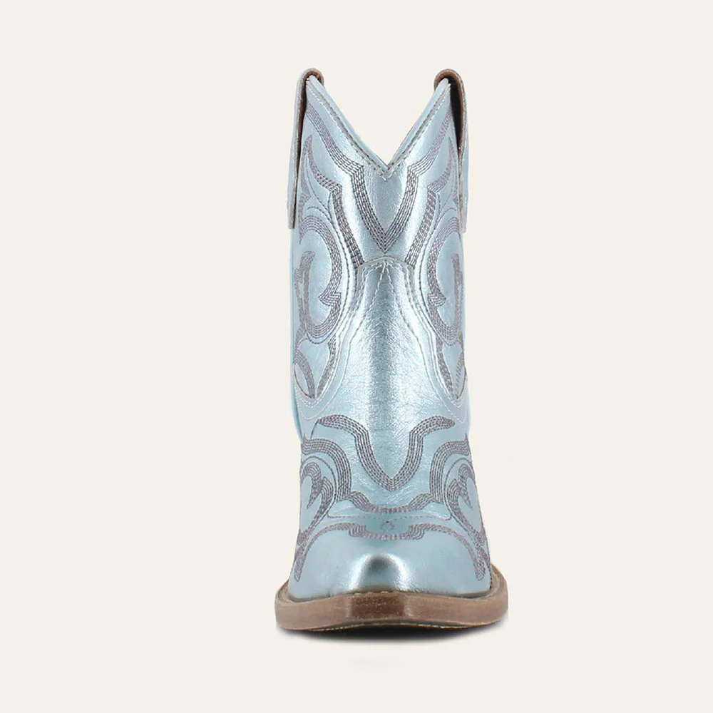 Light Blue Snip Toe Embroidered Chunky Heel Short Cowgirl Boots