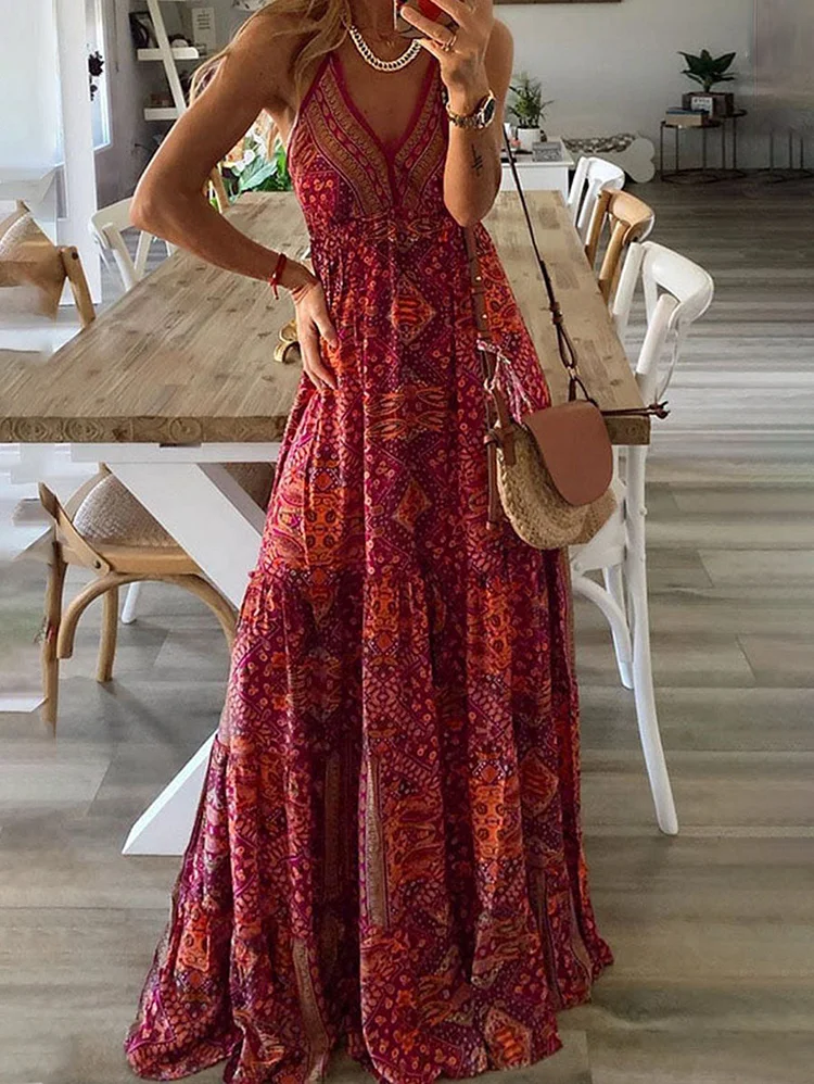 Vacation V Neck Allover Print Cami Maxi Dress