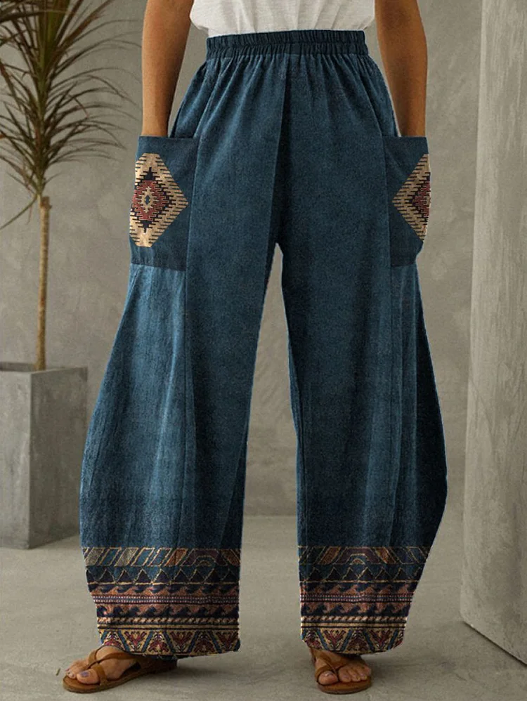 Vintage Denim Ethnic Flap Pocket Elastic Waist Wide Leg Jeans