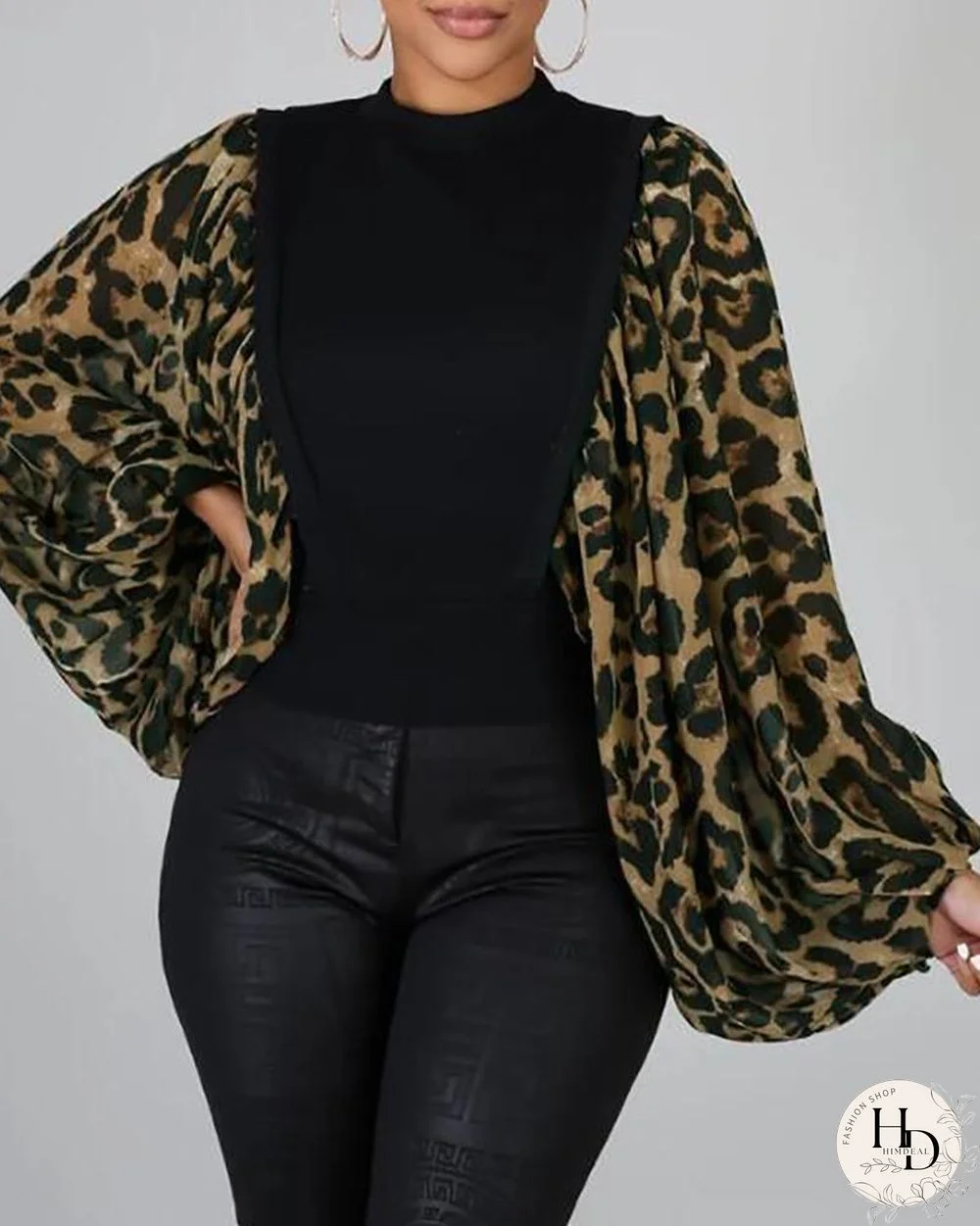 Leopard Print Lantern Sleeve Blouse