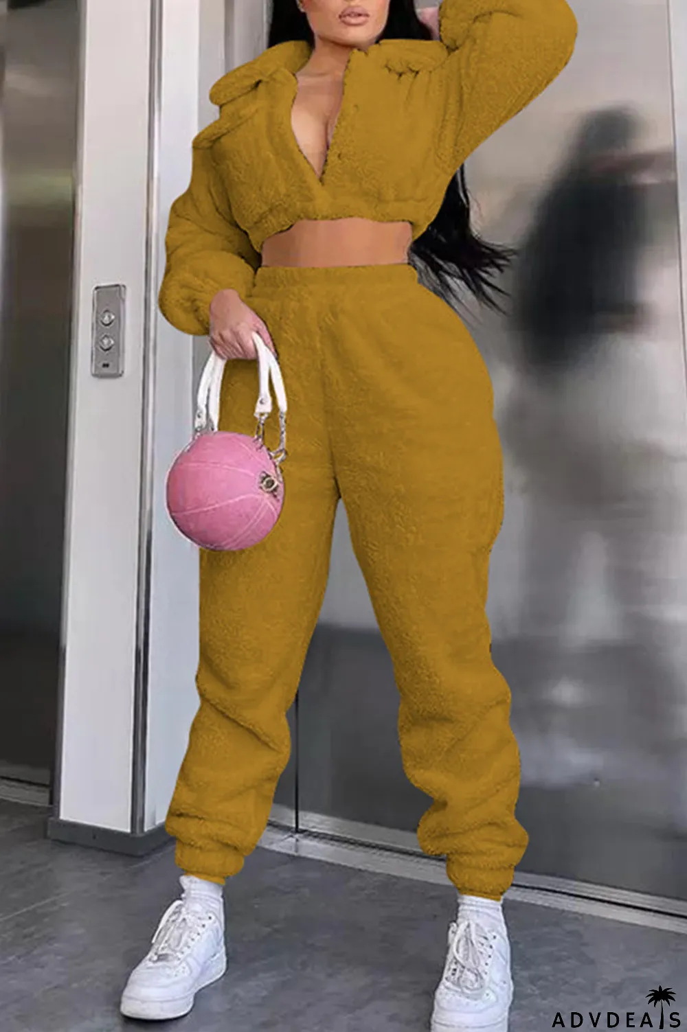 Ginger Fashion Casual Solid Basic Turndown Collar Long Sleeve Two Pieces