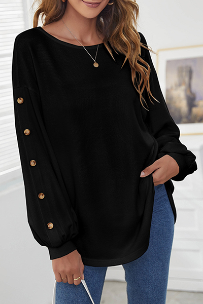 Casual Solid Buckle O Neck Tops(3 Colors)