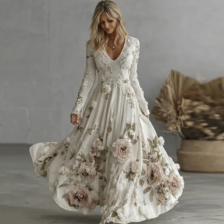 Women's Vintage Boho Pink Rose Floral  Sequins Art Flowy Maxi Dress