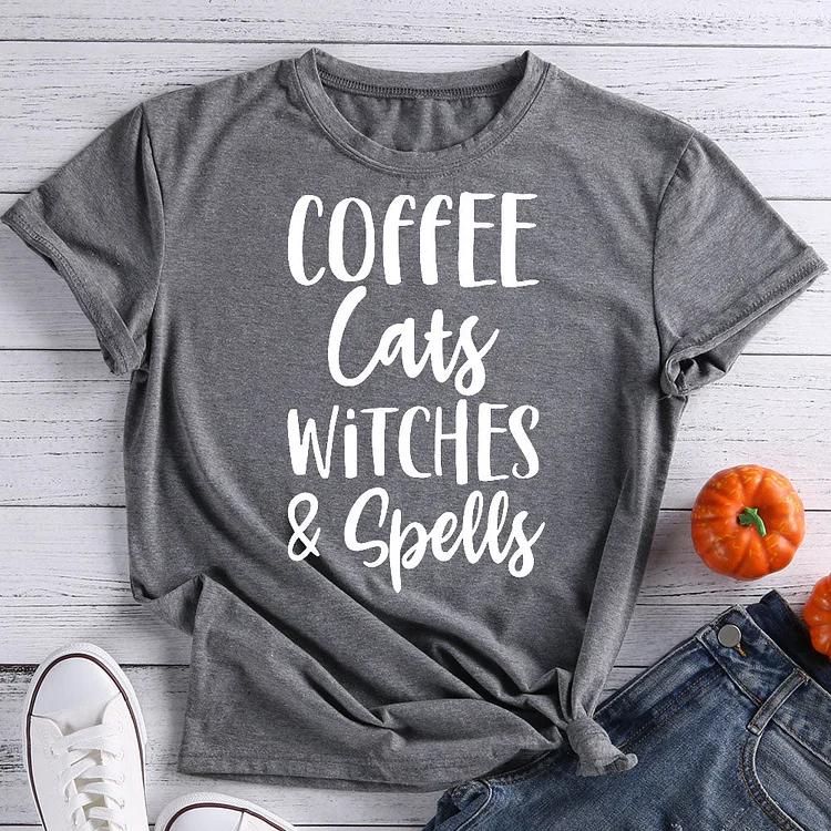 Coffee Cat Witch Halloween T-Shirt Tee -07867