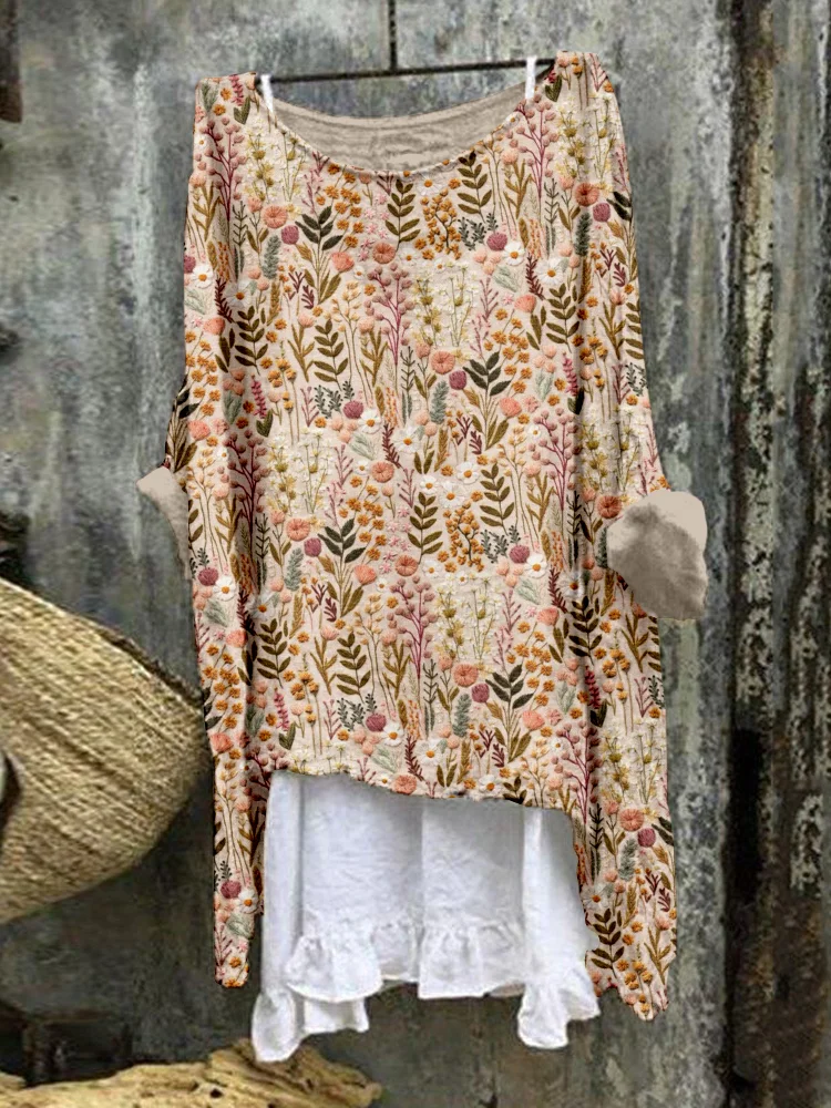 Wildflower Meadow Floral Embroidery Art Linen Blend Tunic