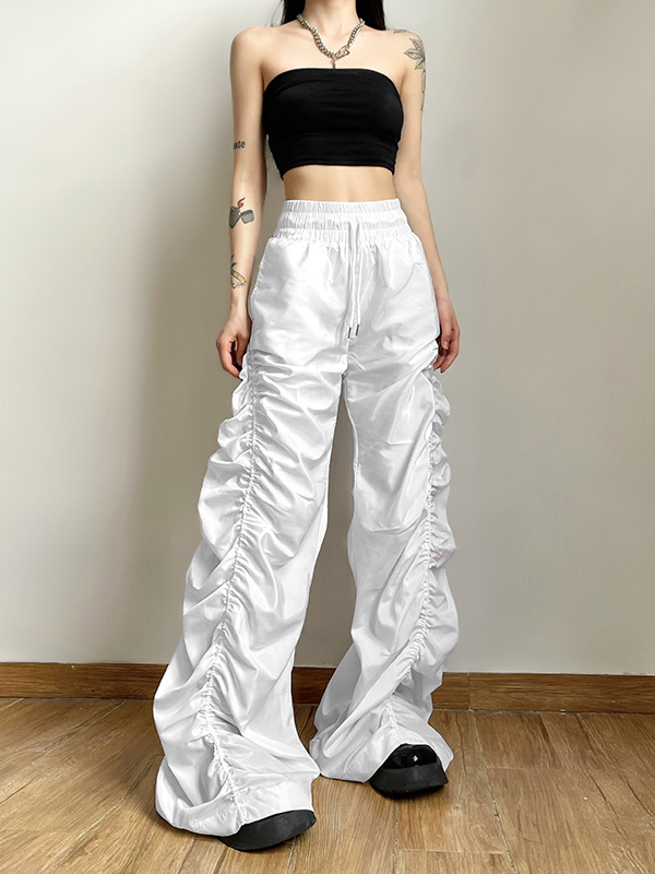 Ruched Detail Solid Color Side Pockets Pants