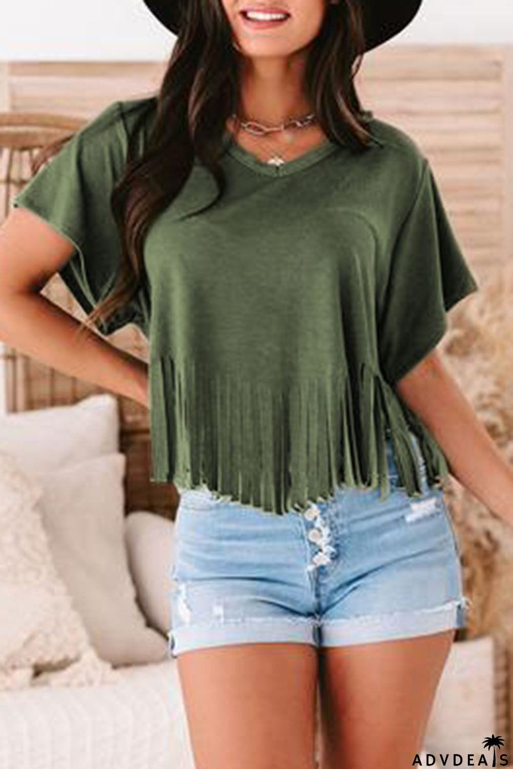 Fringe Hem V Neck T Shirt