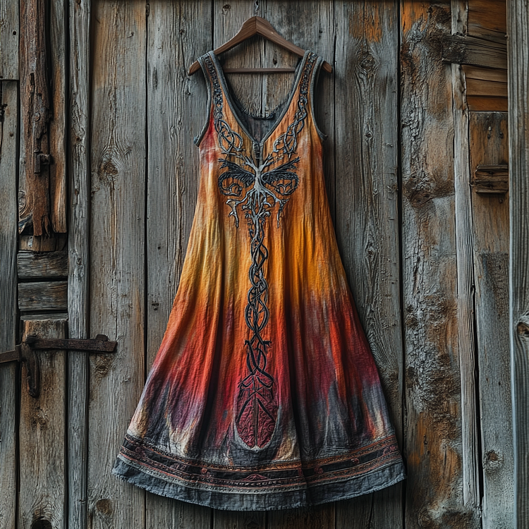 Women's Vintage Viking Rune Tie-dye Print Cotton And Linen Dress