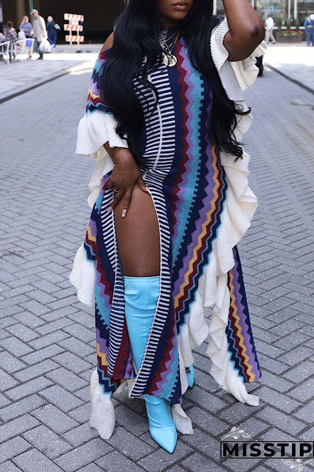 Blue Casual Print Patchwork Flounce Slit O Neck Straight Dresses