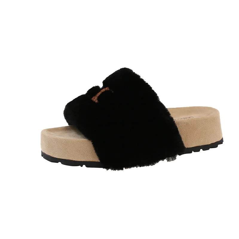 Yyvonne Bottom One-Word Furry Slippers Women Wear 2025 Autumn New One-Legged Fairy Thick Cotton Slippers