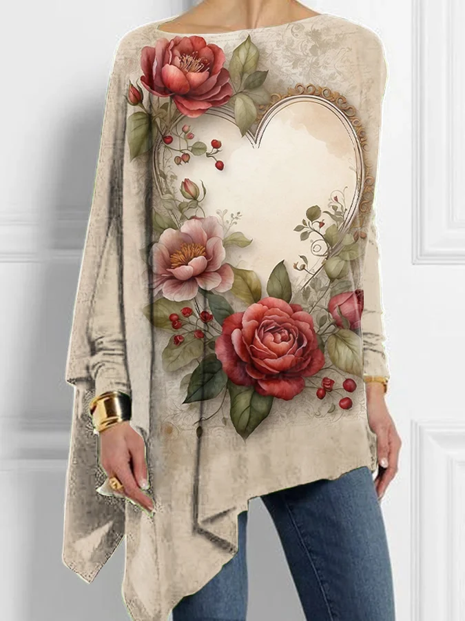 Retro Floral Heart Art Irregular Top