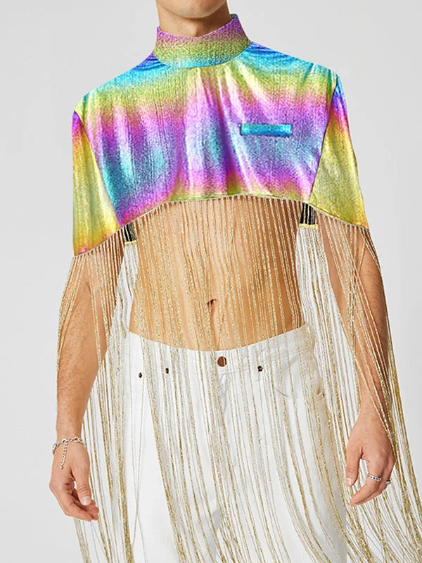 Aonga - Mens Metallic Shiny Long Fringe Crop TopJ