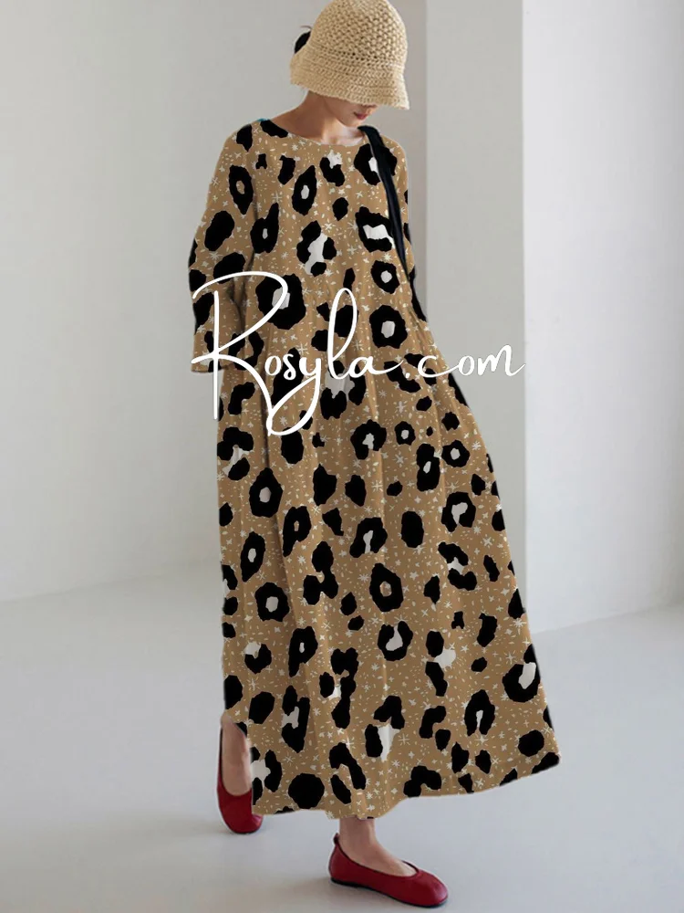 Women's Casual Fashion Leopard Print Long Sleeve Midi Dress