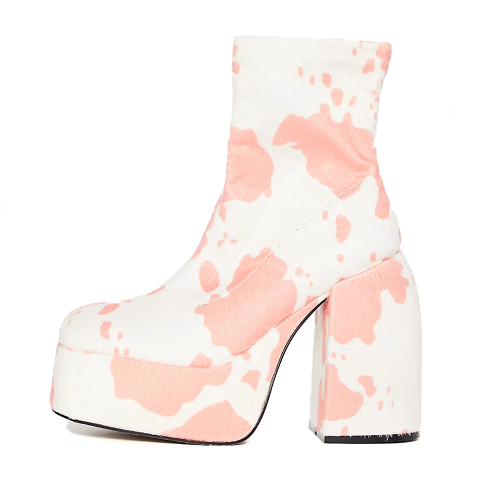 Pink Cow Print Platform Chunky Heel Boots