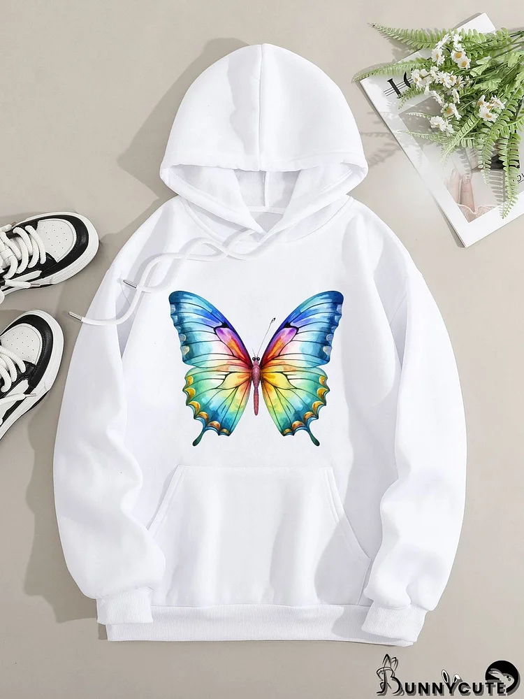 Printed on front Kangaroo Pocket Hoodie Long Sleeve for Women Pattern Painted Butterfly
