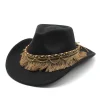 Unisex Fall Vintage Western Cowboy Woolen Tassel Sun Protection Wide Brim Hat by Inlyline