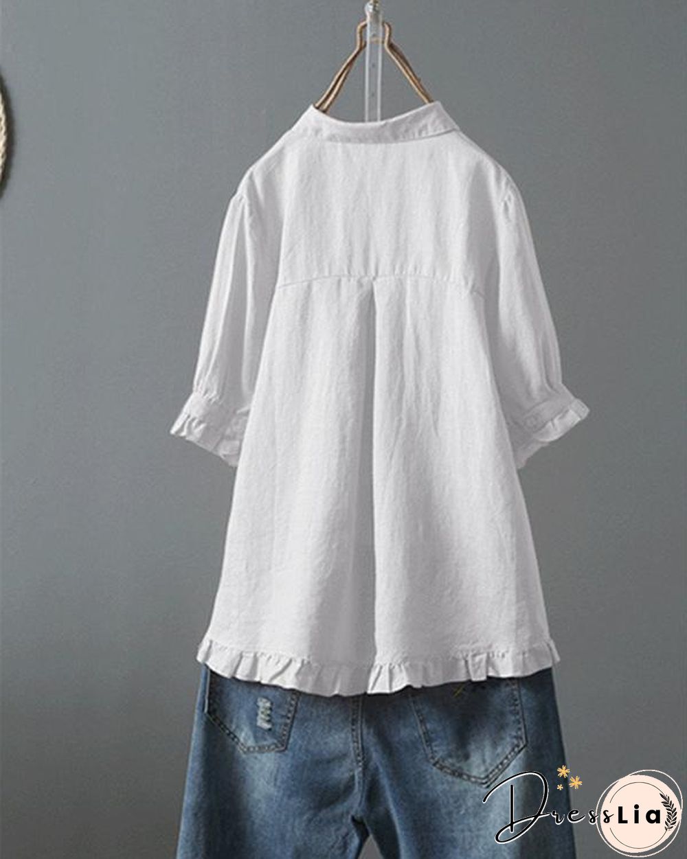 Lace Button Turn Down Collar Solid Color Shirt