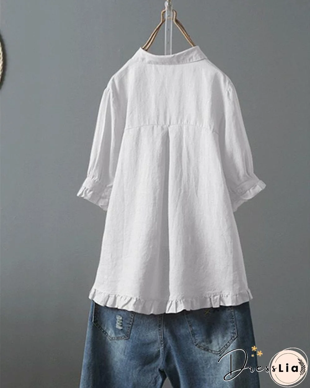 Lace Button Turn Down Collar Solid Color Shirt