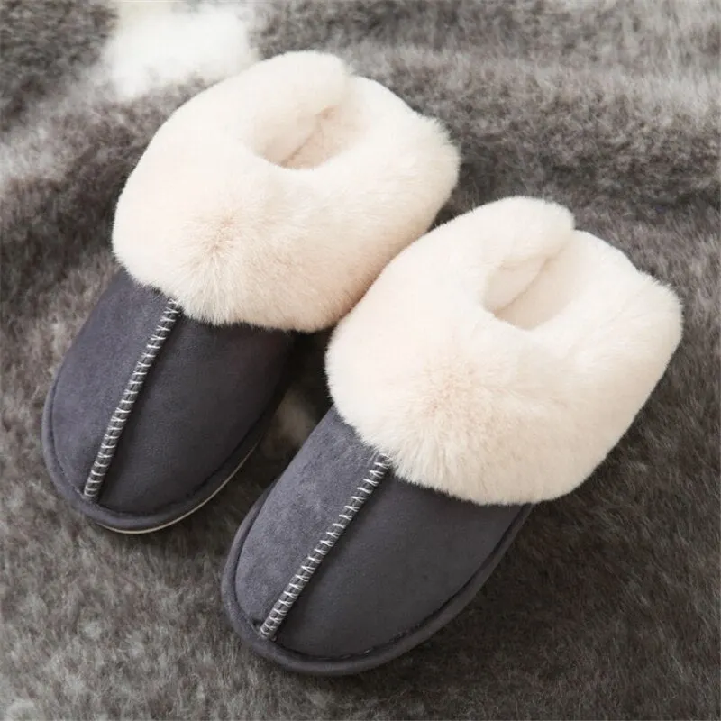 JIANBUDAN Plush warm Home flat slippers Flock soft comfortable winter slippers Men's Women's cotton shoes Indoor plush slippers