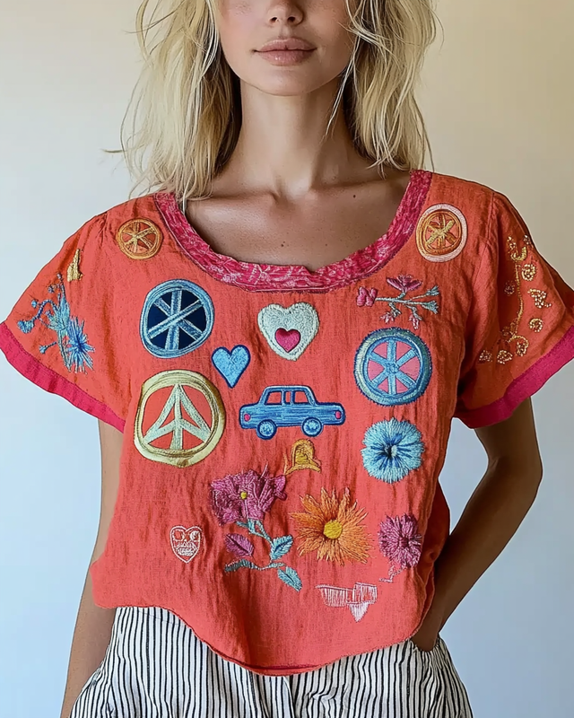 Women's short-sleeved hippie fun embroidery print top 2a6e