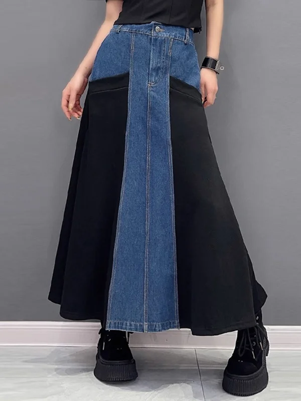 A-Line Loose Buttoned Contrast Color Split-Joint Denim Skirts Bottoms