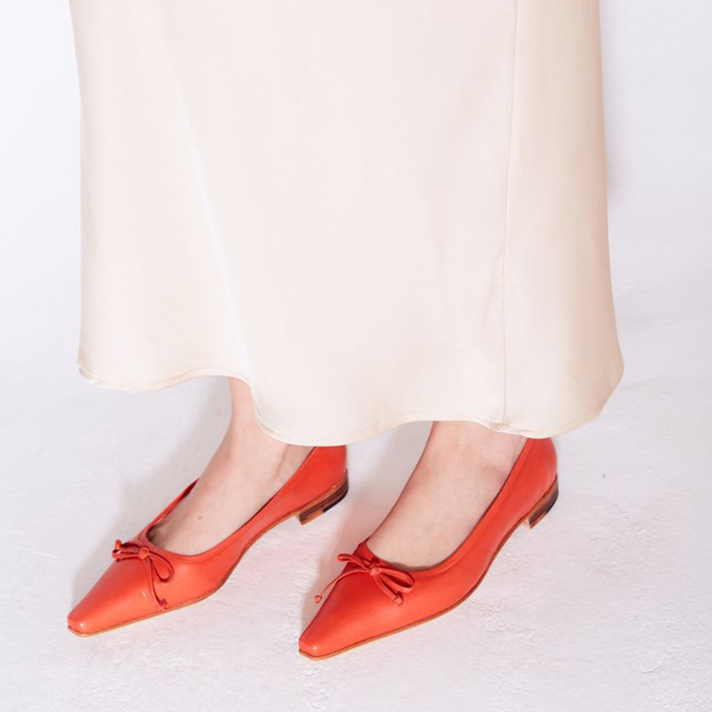 Orange Pointed Toe Chunky Heel Pumps with Bow Nicepairs