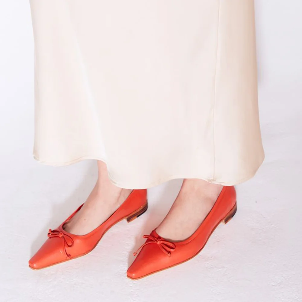 Orange  Closed Pointed Toe Bow Pumps With Low Chunky Heels Nicepairs