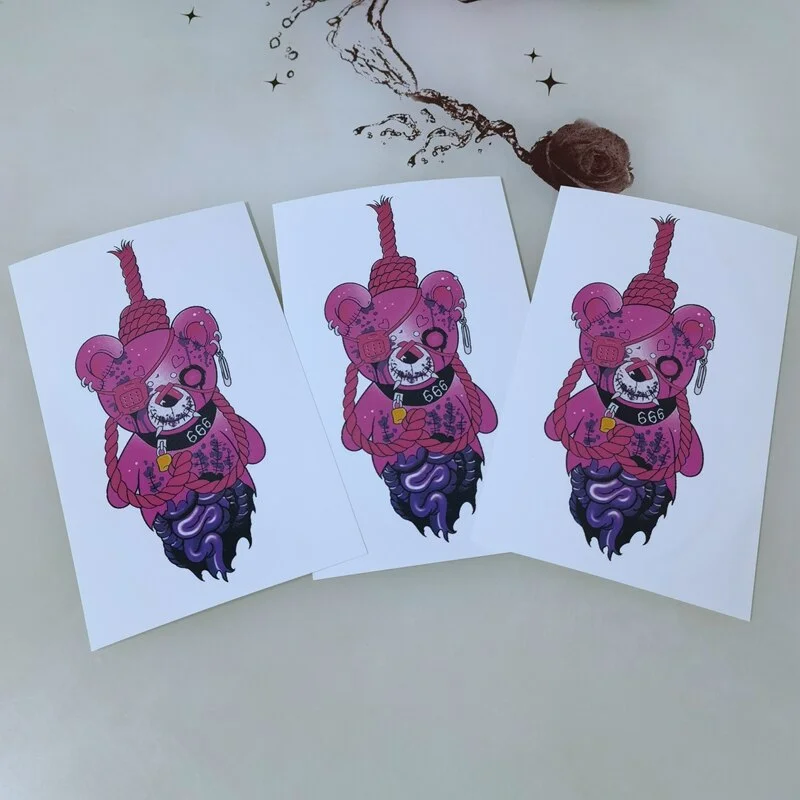 Hot Dark Pink Bear Tattoo Stickers Female Waterproof Cartoon Horror Pattern Body Art Flower Arm Fake Temporary Tattoos Stickers