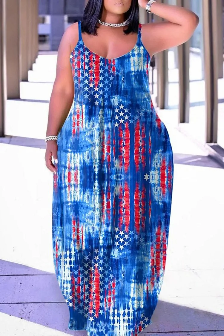Plus Size Daily Blue Graphic Square Neck Casual Maxi Dresses 2024 - Xpluswear