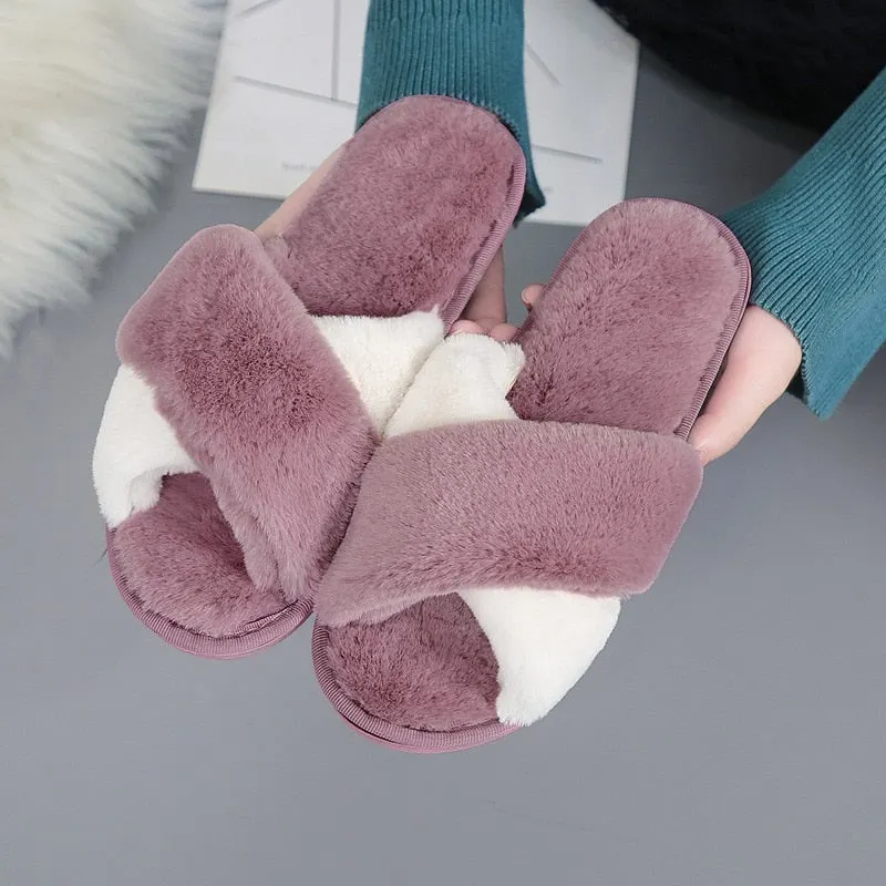 Newest Mixed Colors Fluffy Slippers Autumn Winter Home Slippers Women Furry Fur Slides Outdoor Women's Sandals 2021 Flip Flops
