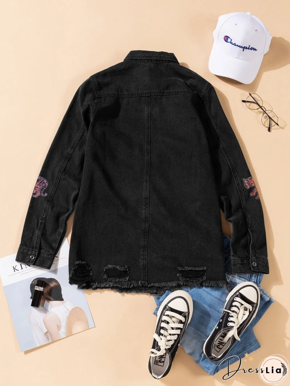 Black Denim Shirt Jacket with Tiger Applique