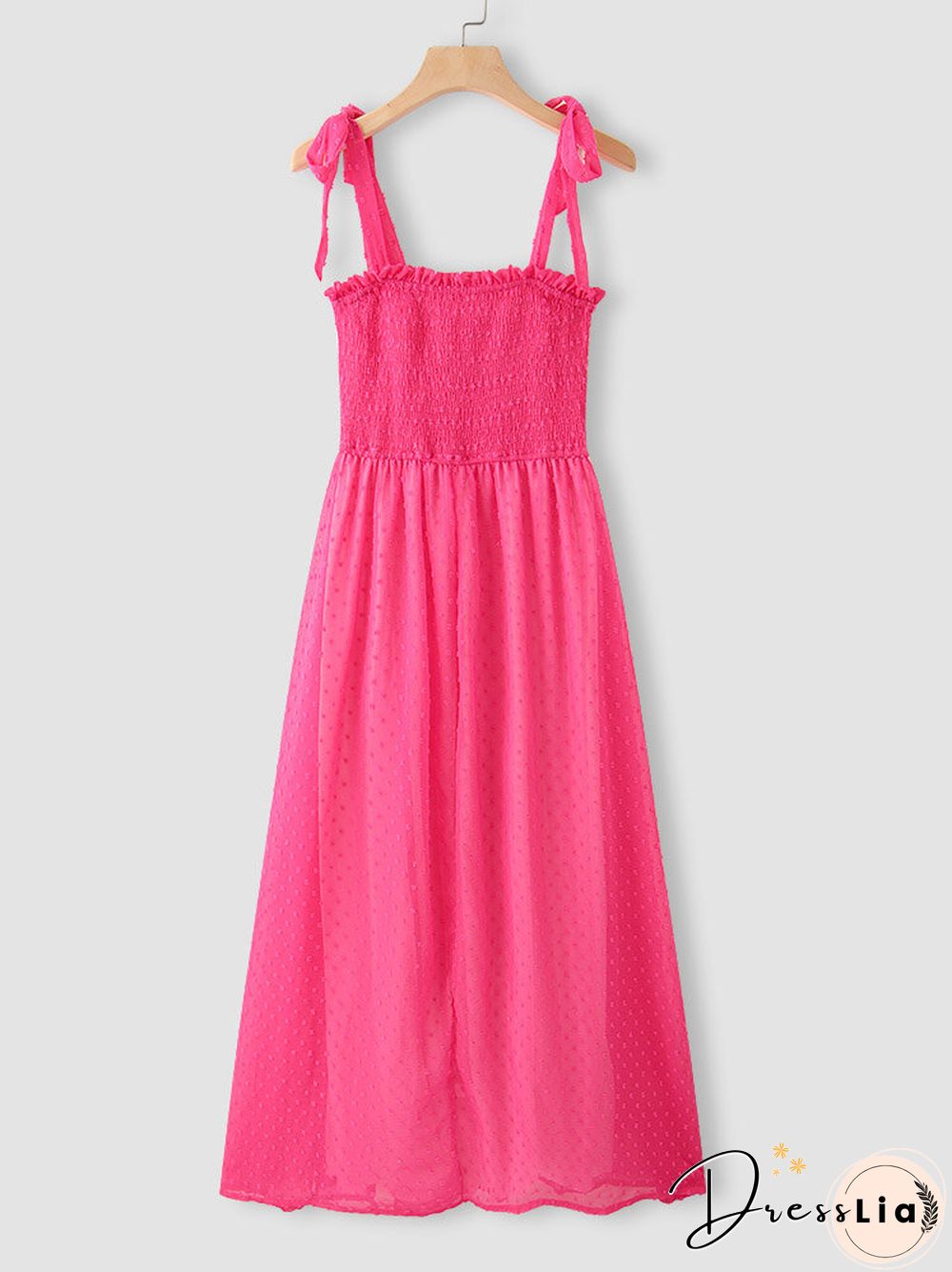 Solid Smocked Tie Strap Slit Open Back Chiffon Maxi Dress