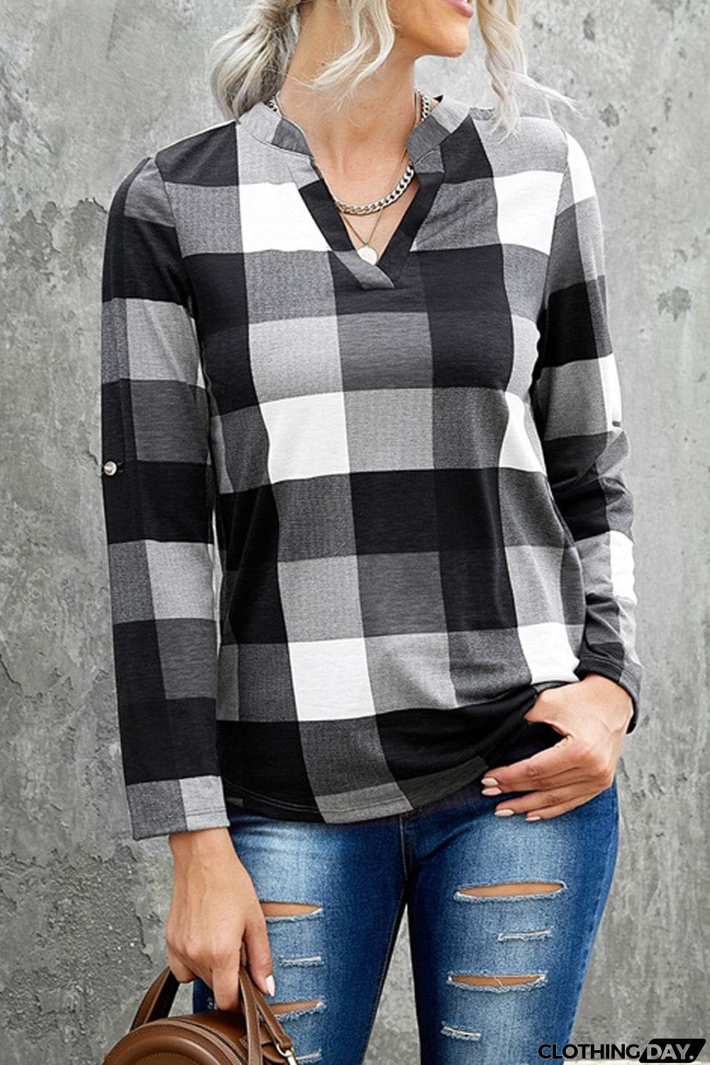 Contrast Plaid V Neck Long Sleeve Top