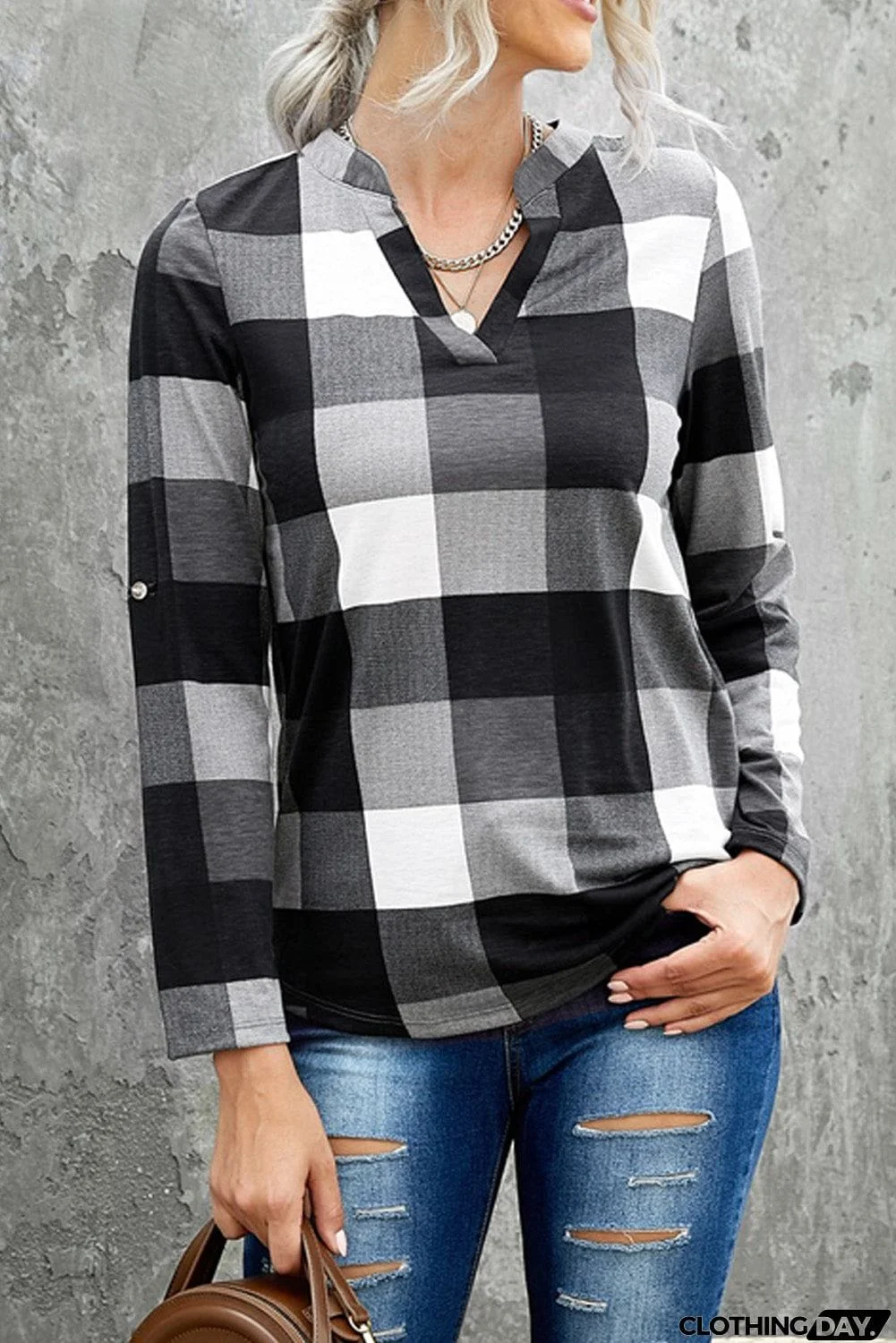 Contrast Plaid V Neck Long Sleeve Top