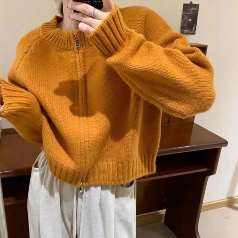 Churchf Churchf Short Round Collar Zipper Candy Color Knit Cardigan Female Autumn Winter New Show Thin Versatile Sweater Coat